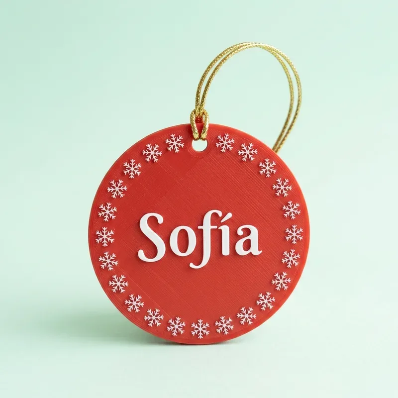 Adorno navideño rojo y redondo con el nombre Sofía en relieve blanco y copos de nieve