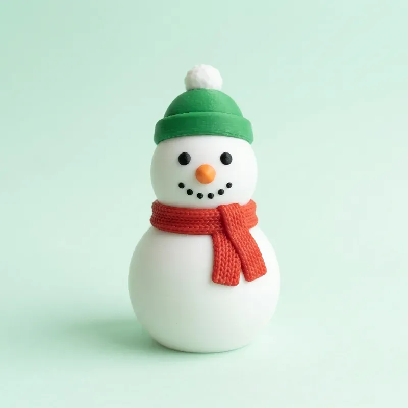 Muñeco de nieve blanco con bufanda roja, gorro verde con pompón y nariz naranja