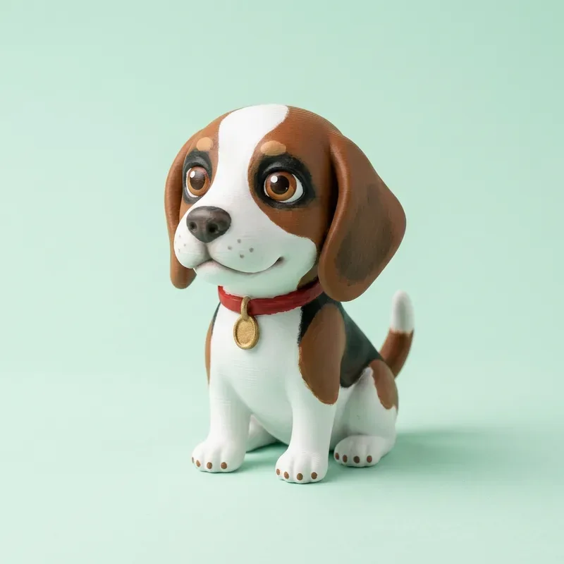 Figura de un perrito beagle tierno sentado, pintado a mano, con collar rojo
