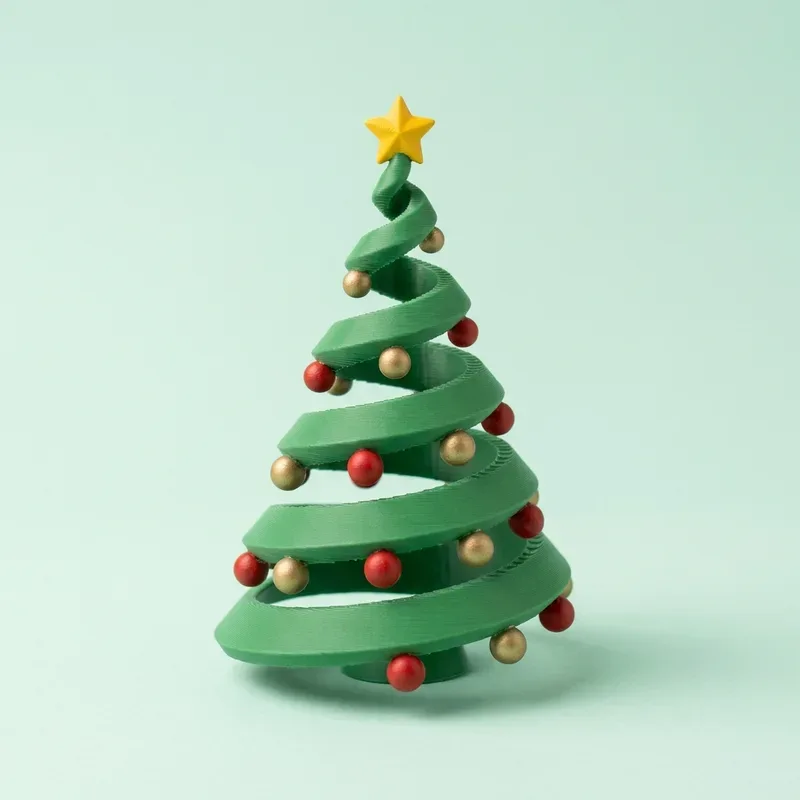 Arbolito de Navidad verde en forma de espiral con bolitas rojas y doradas y estrella amarilla