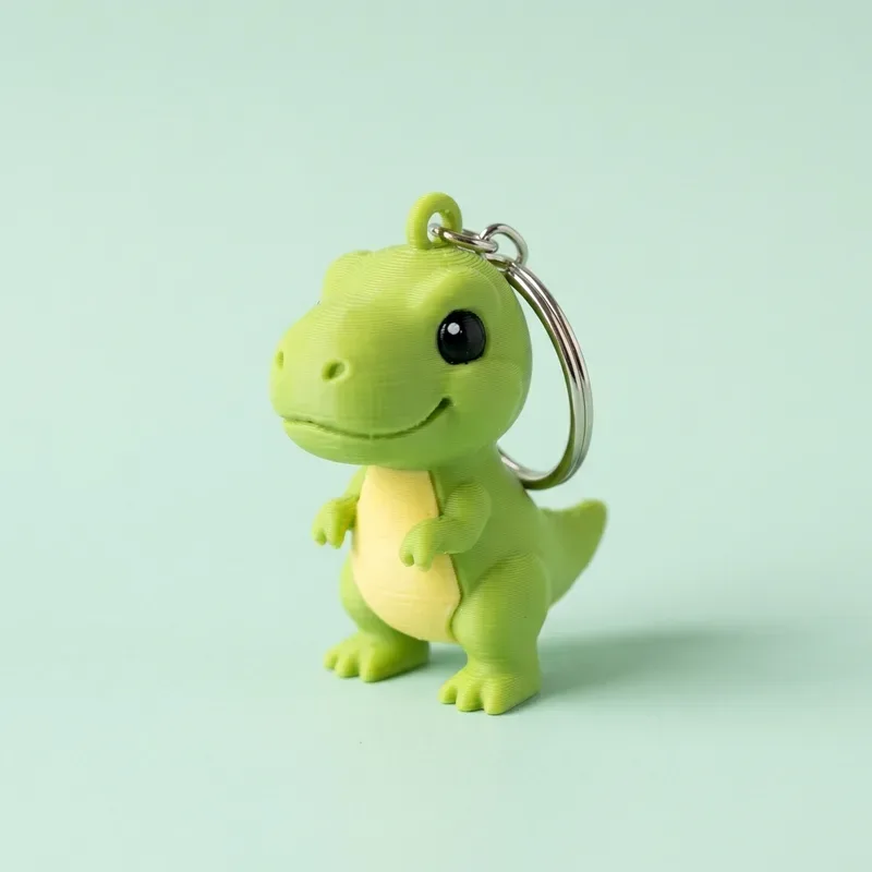 Llavero de dinosaurio T-rex verde con panza amarilla y argolla metálica