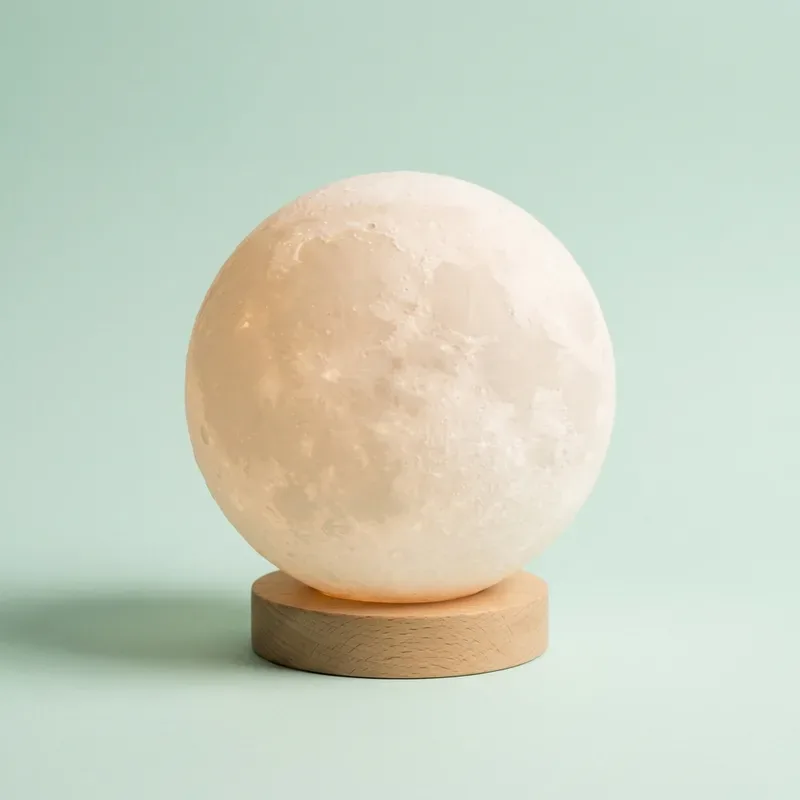 Lámpara con forma de luna llena iluminada con luz cálida sobre una base de madera
