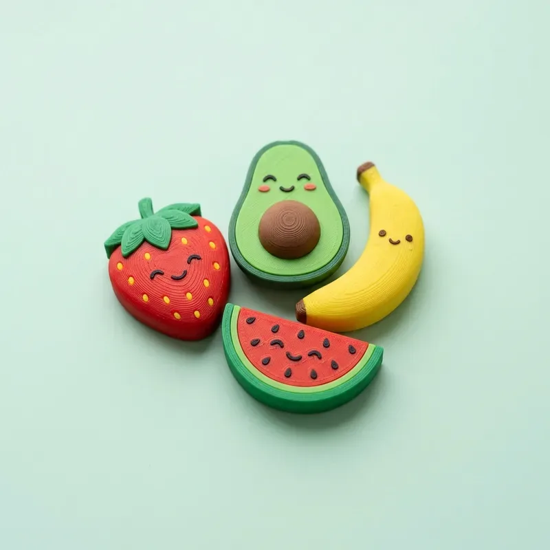Cuatro imanes con forma de fresa, aguacate, banano y sandía con caritas sonrientes