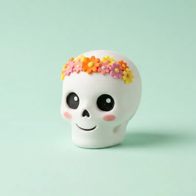 Figura de calaverita blanca sonriente con flores de colores en la frente