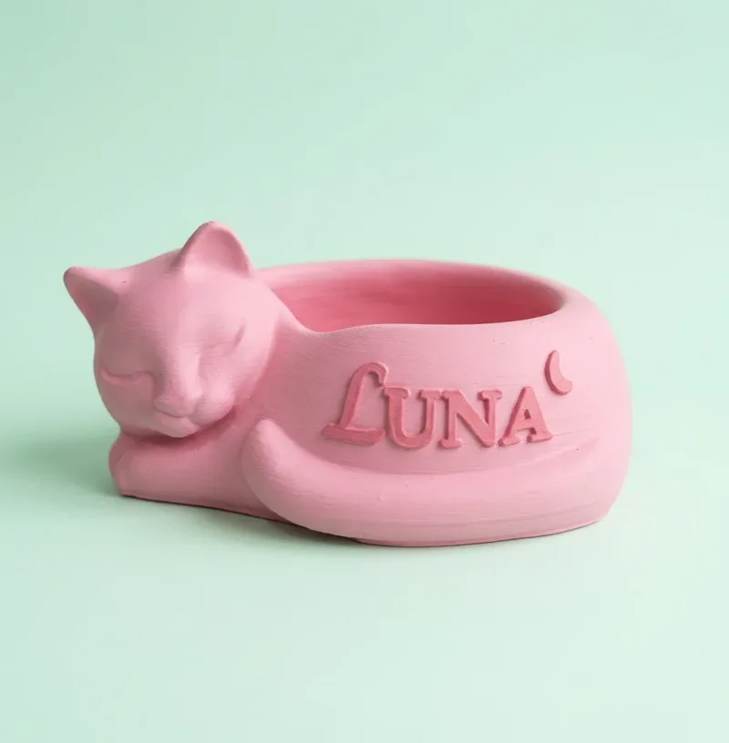 Comedero gatito Comedero rosado con forma de gato dormido que rodea el plato, con el nombre Luna en rosado oscurocon nombre