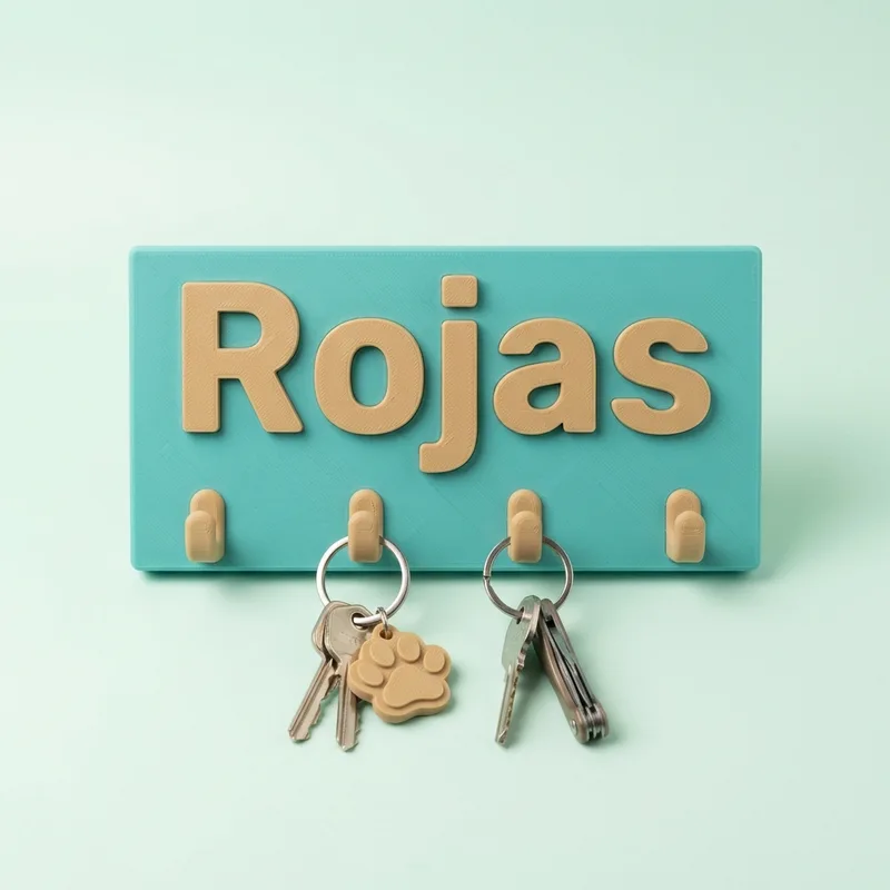 Porta llaves de pared turquesa con cuatro ganchos y un apellido en letras gruesas