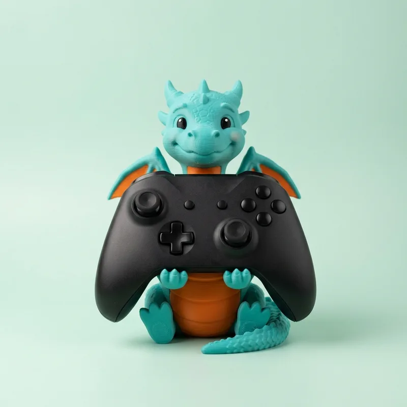 Soporte con forma de dragón turquesa y naranja sosteniendo un control de videojuegos sobre un escritorio
